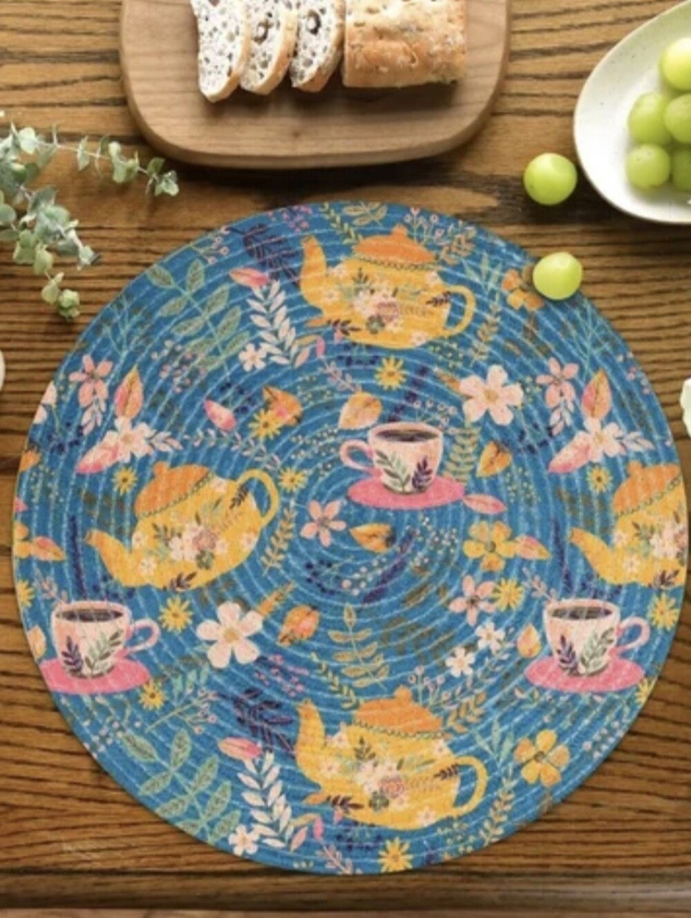 (Set of 4) Colorful Round Placemats Jute Made In India Teapot & Teacup Floral